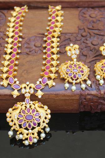 Designer matte finish ruby peacock pendant long necklace set