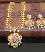 Designer matte finish ruby peacock pendant long necklace set