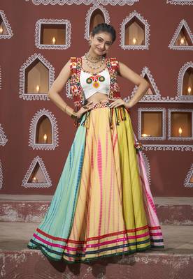 MULTICOLOR THREAD EMBROIDERED WITH MIRROR POLY SILK TRADITIONAL NAVRATRI PARTY FESTIVAL STITCHED LEHENGA CHOLI JACKET 6