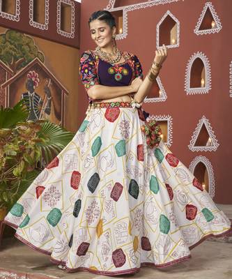 WHITE YELLOW THREAD EMBROIDERED WITH MIRROR POLY SILK TRADITIONAL PARTY FESTIVAL STITCHED LEHENGA CHOLI JACKET 1