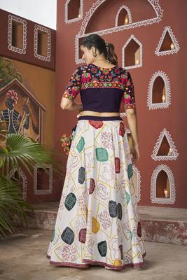 WHITE YELLOW THREAD EMBROIDERED WITH MIRROR POLY SILK TRADITIONAL PARTY FESTIVAL STITCHED LEHENGA CHOLI JACKET 4