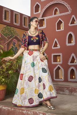 WHITE YELLOW THREAD EMBROIDERED WITH MIRROR POLY SILK TRADITIONAL PARTY FESTIVAL STITCHED LEHENGA CHOLI JACKET 5