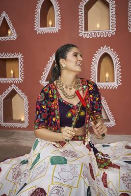 WHITE YELLOW THREAD EMBROIDERED WITH MIRROR POLY SILK TRADITIONAL PARTY FESTIVAL STITCHED LEHENGA CHOLI JACKET 6