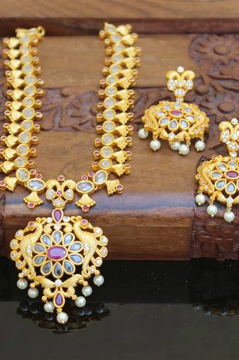 Designer matte finish cz peacock necklace set