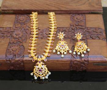 Designer matte finish peacock pendant long necklace set 1