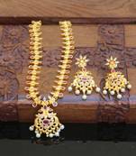 Designer matte finish peacock pendant long necklace set