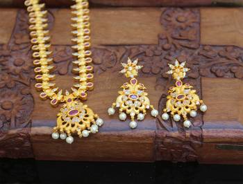 Designer matte finish peacock pendant long necklace set 2