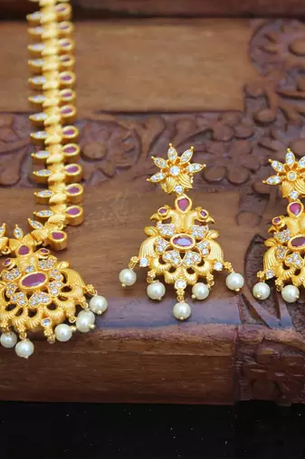 Designer matte finish peacock pendant long necklace set
