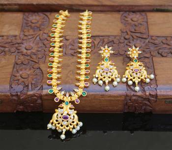 Designer matte finish peacock pendant long necklace set 1