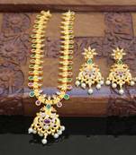 Designer matte finish peacock pendant long necklace set