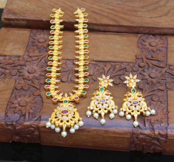 Designer matte finish peacock pendant long necklace set 2