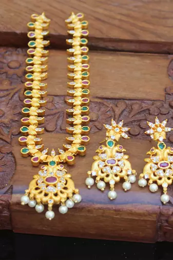 Designer matte finish peacock pendant long necklace set