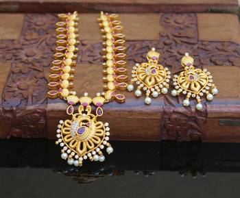 Designer matte finish ruby peacock pendant long necklace set 1