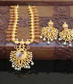 Designer matte finish ruby peacock pendant long necklace set