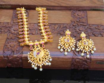 Designer matte finish ruby peacock pendant long necklace set 2