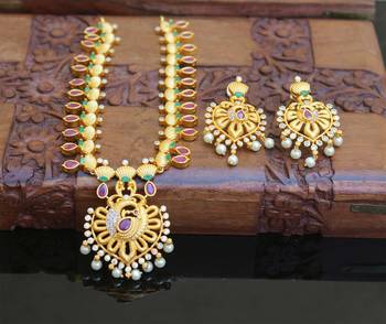 Designer matte finish ruby peacock pendant long necklace set 1