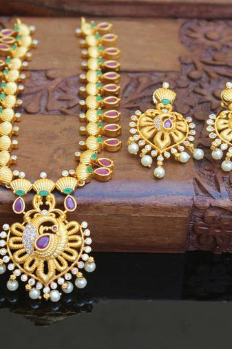 Designer matte finish ruby peacock pendant long necklace set
