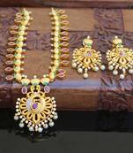 Designer matte finish ruby peacock pendant long necklace set