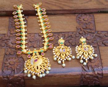 Designer matte finish ruby peacock pendant long necklace set 2