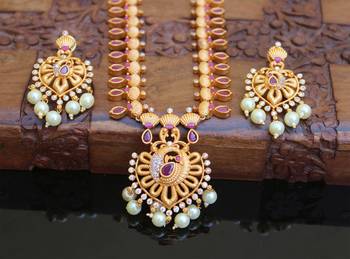Designer matte finish ruby peacock pendant long necklace set 2