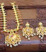 Designer matte finish ruby peacock pendant long necklace set