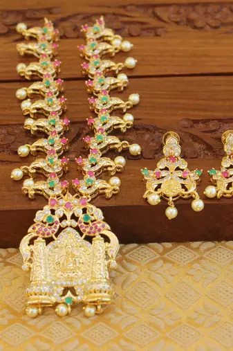 Designer gold plated temple necklace set