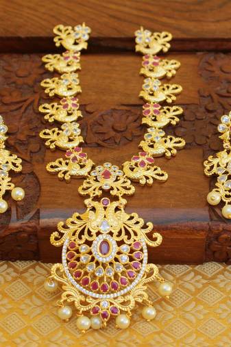 Designer gold plated cz peacock necklace set