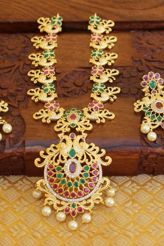 Designer gold plated cz peacock necklace set