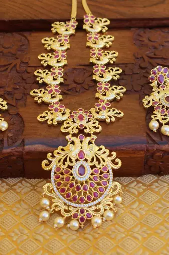 Designer gold plated cz peacock necklace set