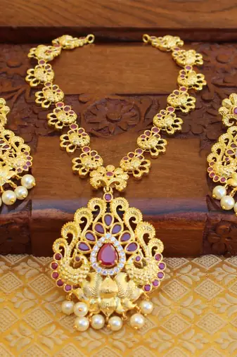 Designer gold plated peacock necklace set