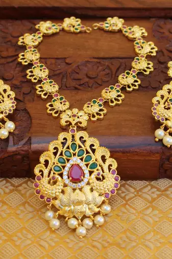 Designer gold plated peacock necklace set