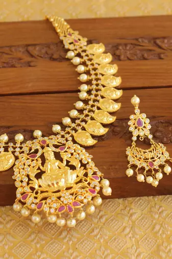 Designer gold plated cz temple necklace set