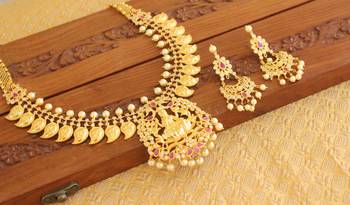 Designer gold plated cz temple necklace set 3