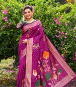 Pink Tussar Silk Floral Printed Pallu & Zari Weaving Border Saree With Blouse For Women