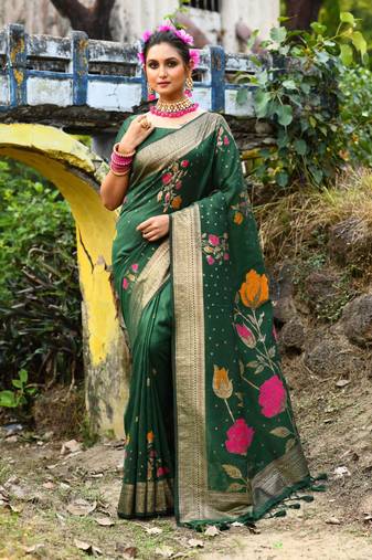 Green Tussar Silk Floral Printed Pallu & Zari Weaving Border Saree With Blouse For Women
