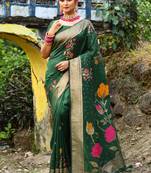 Green Tussar Silk Floral Printed Pallu & Zari Weaving Border Saree With Blouse For Women