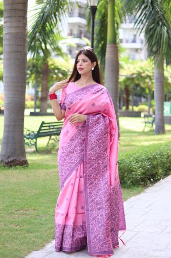 Pink Raw Silk Designer Border & Fancy Rich Pallu With Raw Silk Blouse And Saree For Women  