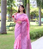 Pink Raw Silk Designer Border & Fancy Rich Pallu With Raw Silk Blouse And Saree For Women  