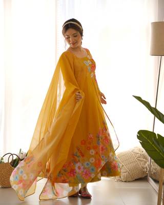 Mustard yellow organza blossom anarkali dress 2