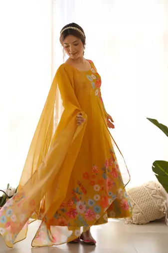 Mustard yellow organza blossom anarkali dress