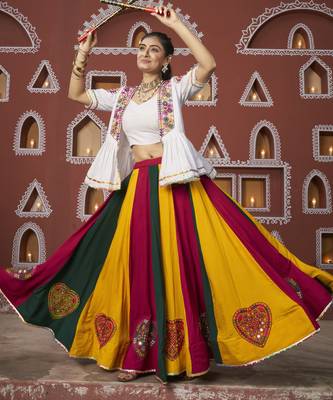 MULTICOLOR YELLOW THREAD EMBROIDERED WITH MIRROR VISCOSE RAYON TRADITIONAL PARTY FESTIVAL STITCHED LEHENGA CHOLI JACKET 1