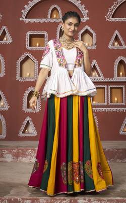 MULTICOLOR YELLOW THREAD EMBROIDERED WITH MIRROR VISCOSE RAYON TRADITIONAL PARTY FESTIVAL STITCHED LEHENGA CHOLI JACKET 5