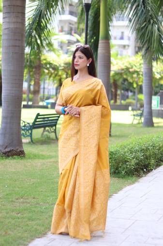 Yellow Raw Silk Designer Border & Fancy Rich Pallu With Raw Silk Blouse And Saree For Women  