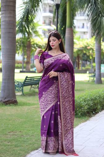 Purple Raw Silk Designer Border & Fancy Rich Pallu With Raw Silk Blouse And Saree For Women  