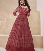 Maroon georgette neck embroidered printed anarkali gown with dupatta