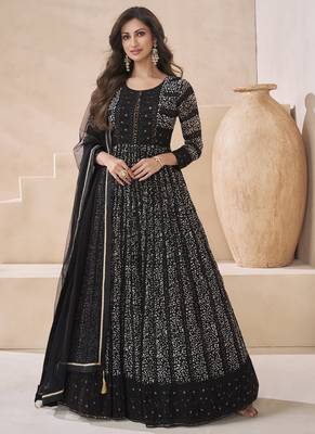 Black georgette neck embroidered printed anarkali gown with dupatta 1