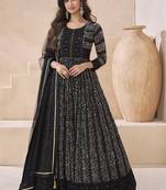 Black georgette neck embroidered printed anarkali gown with dupatta