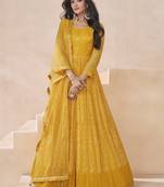 Yellow georgette neck embroidered printed anarkali gown with dupatta