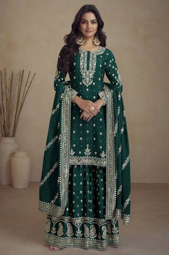 Teal green real chinon palazzo suit with embroidery