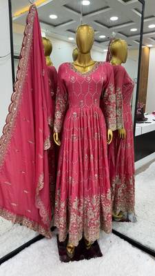Pink Colour Luxurious Pure Heavy Chinon Silk Stitched Gown Set with Mirror Work 1